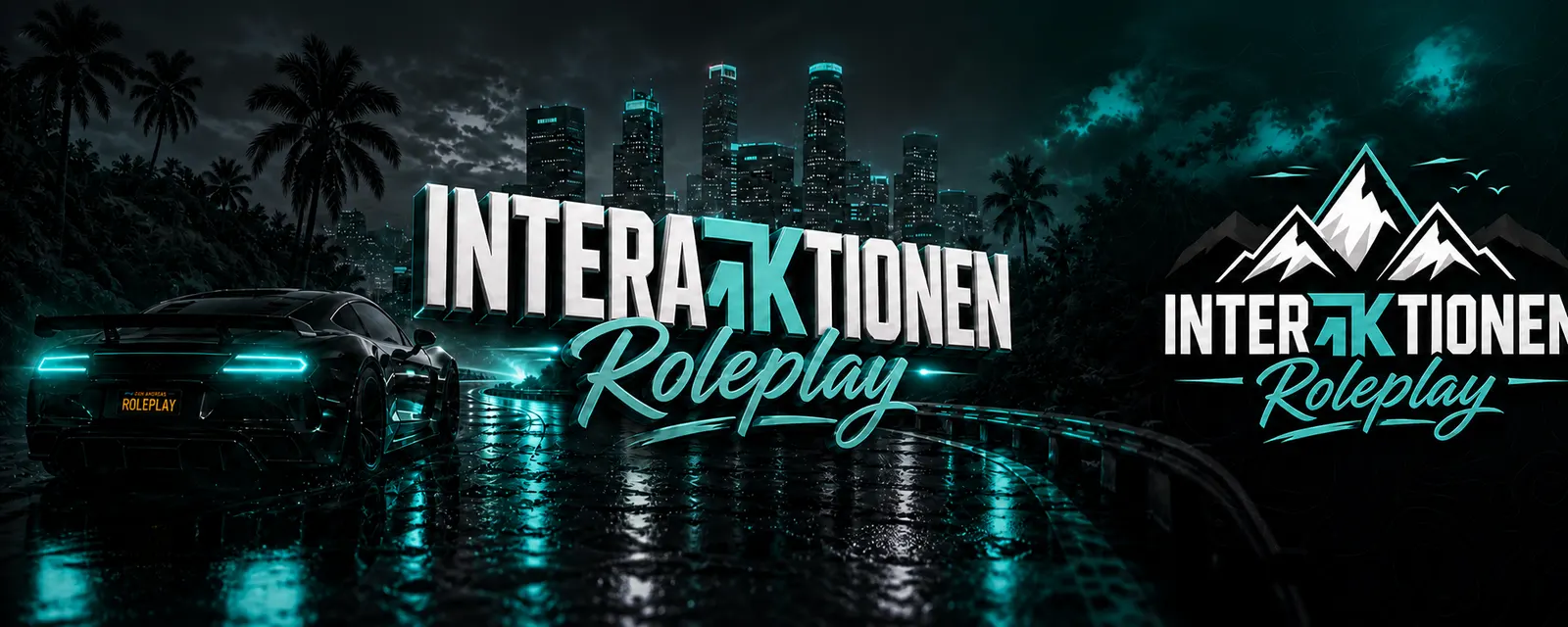 Interaktionen Roleplay: serverns logotyp över stadens skyline i teal, bilden du möter när du ansluter